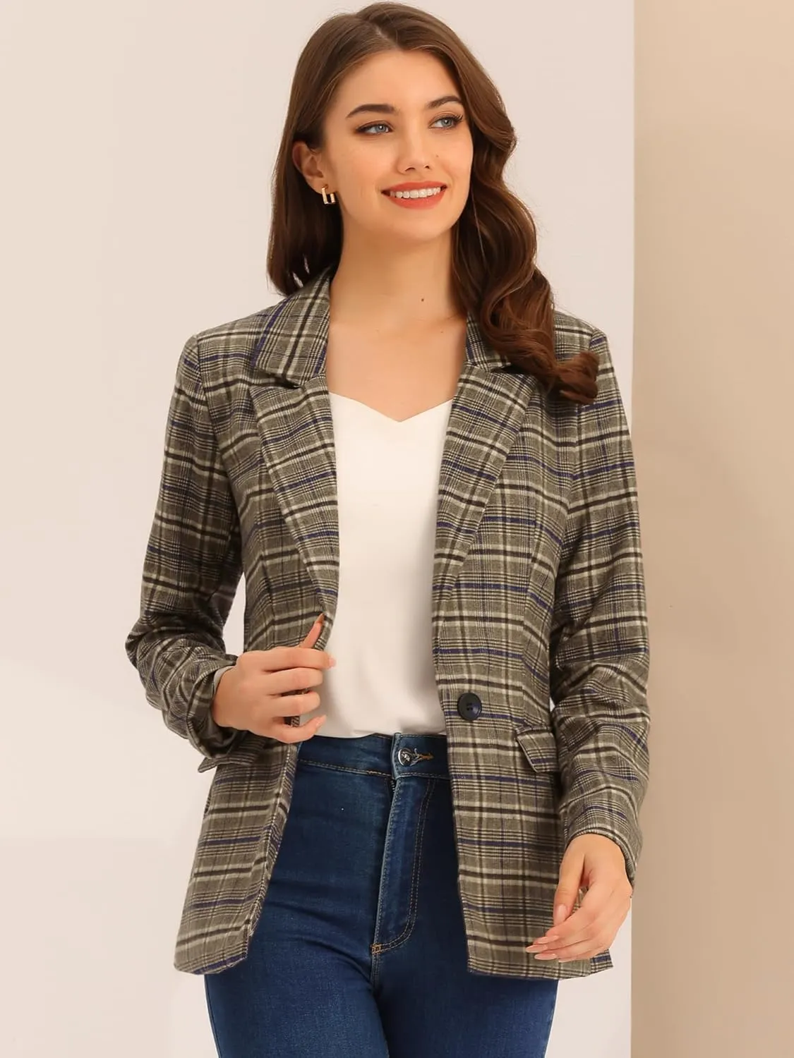 Allegra K Women's Notched Lapel One Button Boyfriend Blazer Suit Plaid Blazer Jacket
