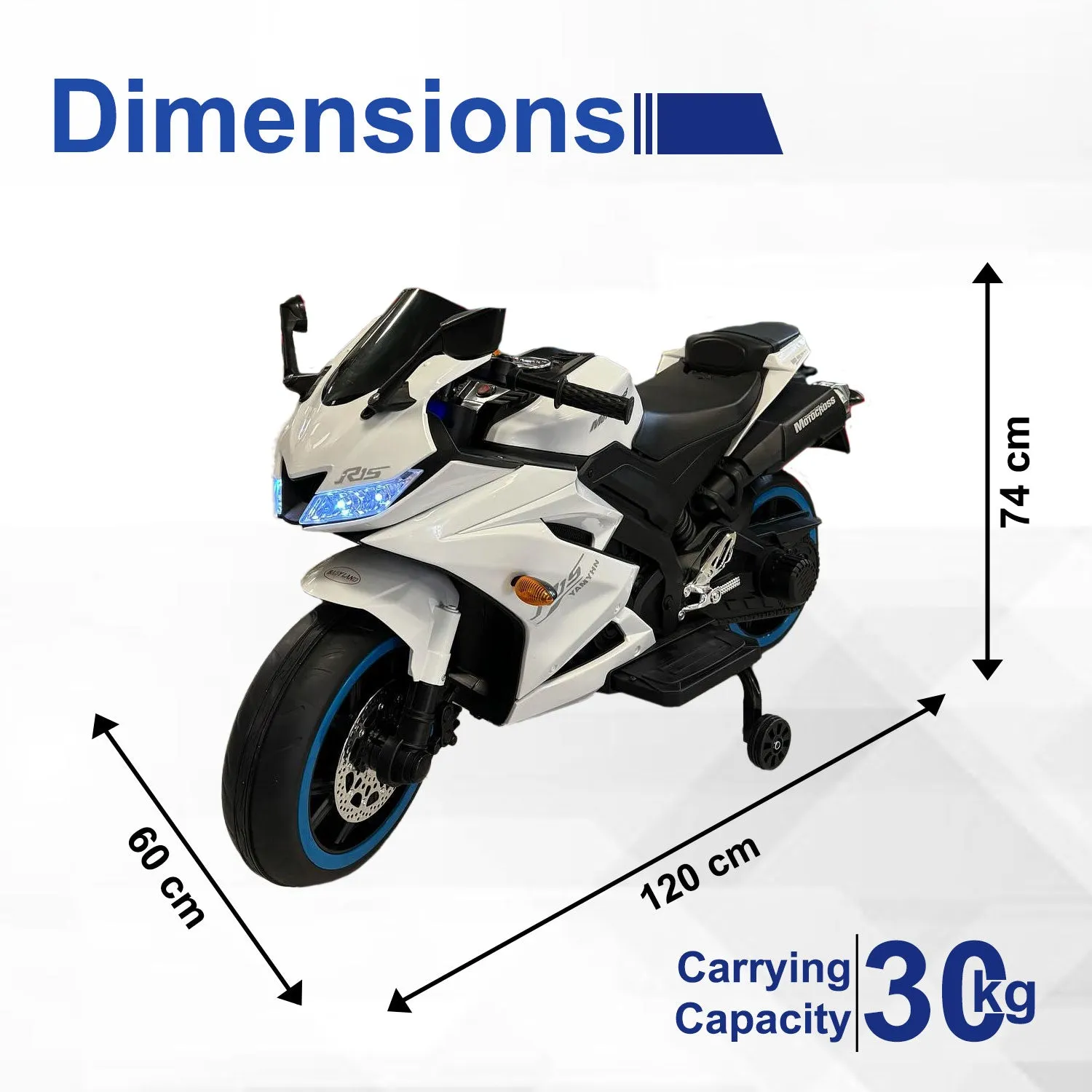 Baby Moo R15 Rechargeable 12V Battery Operated Ride On Bike for Kids with LED Lights, Music, and USB Port - White