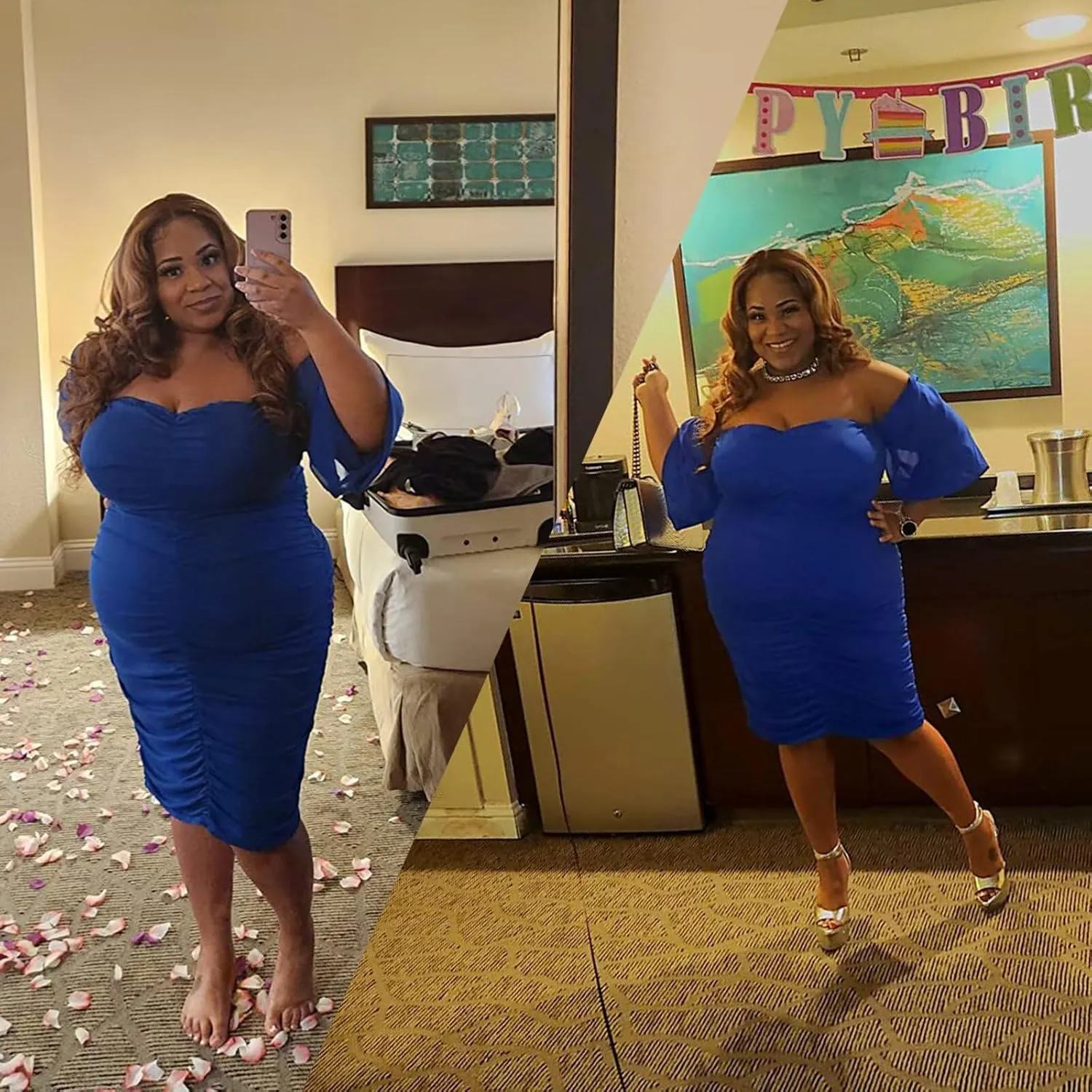 EDITCOZY Women Plus Size Off Shoulder Mesh Long Sleeve Bodycon Club Cocktail Ruched Midi Dress