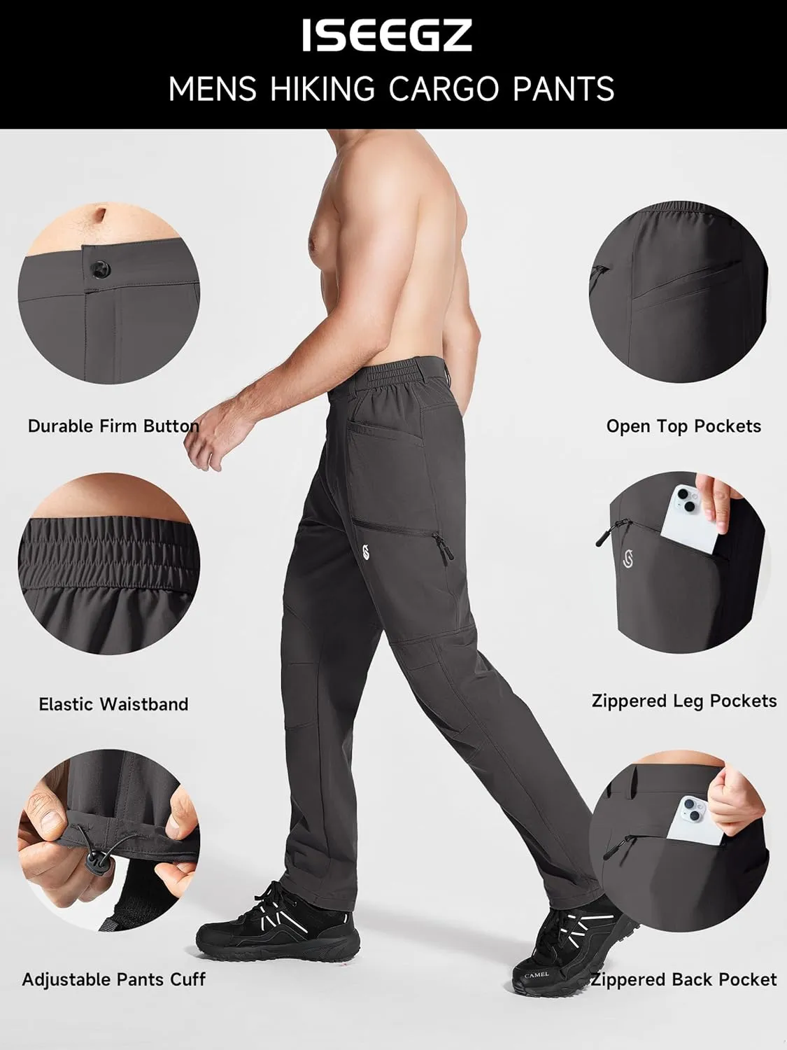 Men's Hiking Pants, Quick Dry Travel Pants Men Lightweight Outdoor Large Pocket Casual Work Pants Water-Resistant