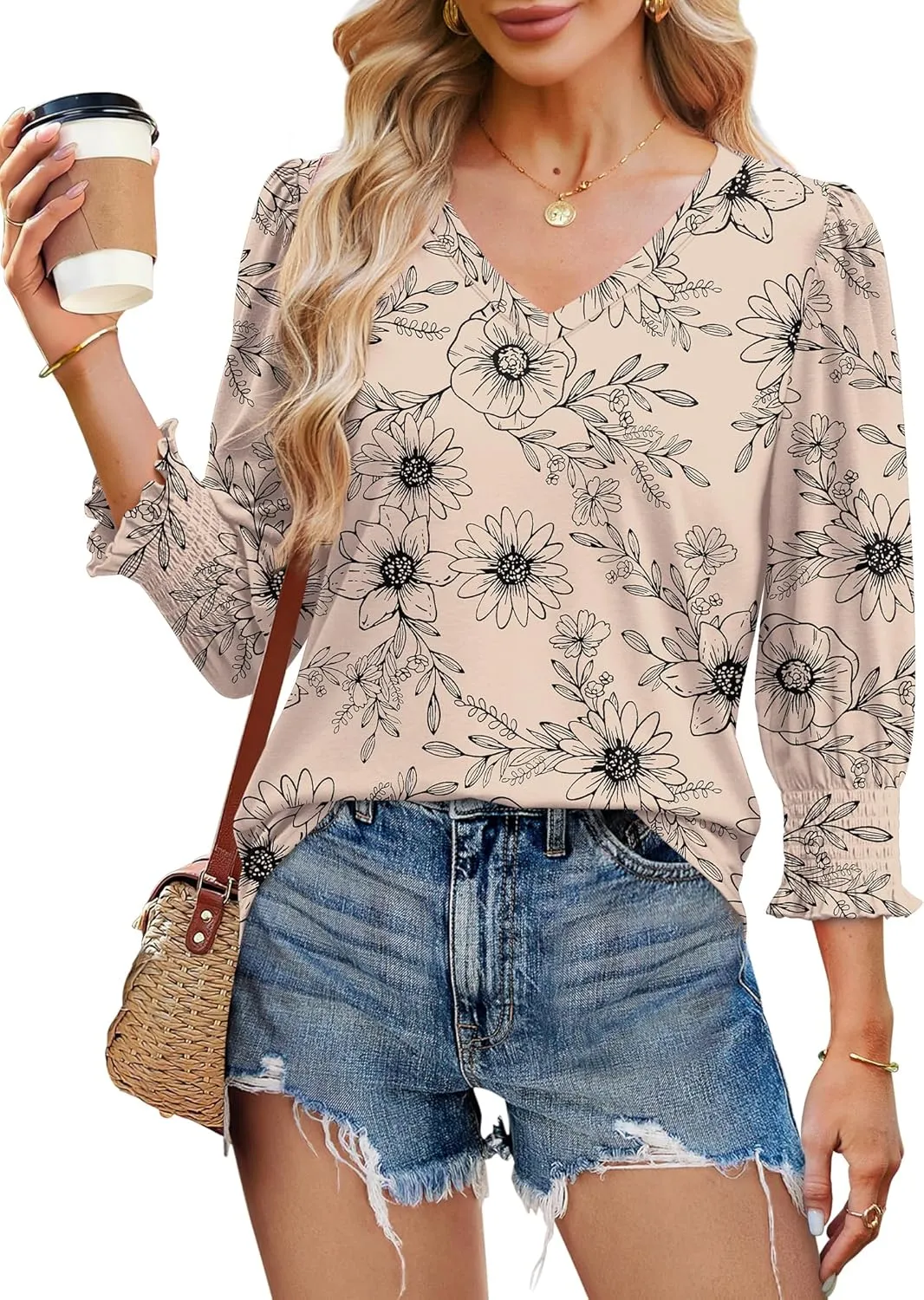 SAMPEEL 3/4 Length Sleeve Womens Tops Dressy Casual Blouses V Neck T Shirts with Smocked Cuffs