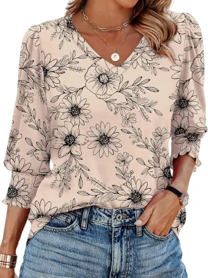 SAMPEEL 3/4 Length Sleeve Womens Tops Dressy Casual Blouses V Neck T Shirts with Smocked Cuffs