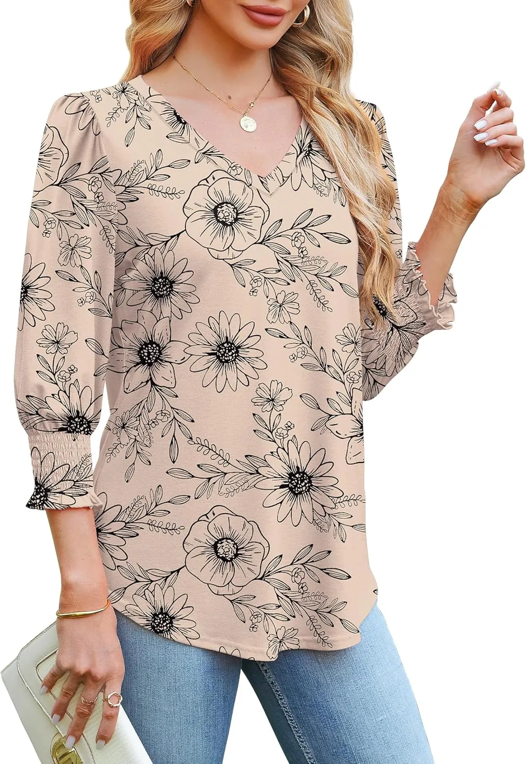 SAMPEEL 3/4 Length Sleeve Womens Tops Dressy Casual Blouses V Neck T Shirts with Smocked Cuffs