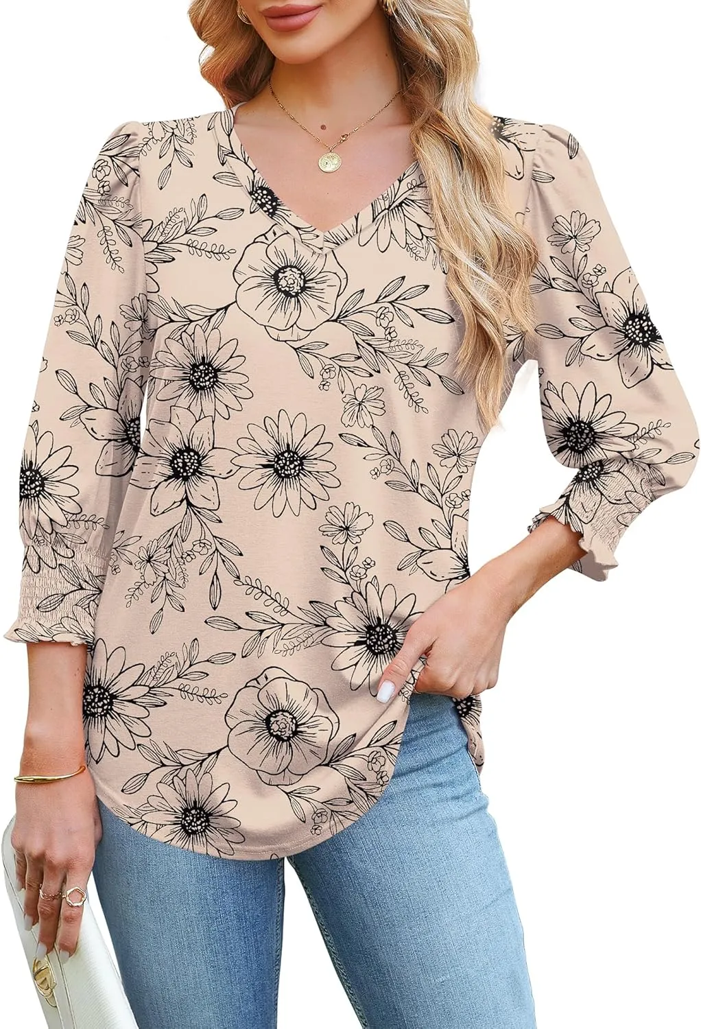 SAMPEEL 3/4 Length Sleeve Womens Tops Dressy Casual Blouses V Neck T Shirts with Smocked Cuffs