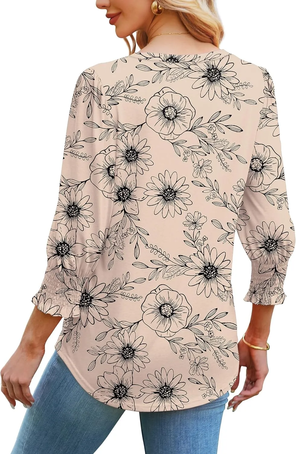 SAMPEEL 3/4 Length Sleeve Womens Tops Dressy Casual Blouses V Neck T Shirts with Smocked Cuffs