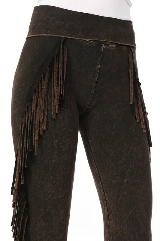 T-Party Mineral Wash Side Fringe Yoga Pants - Brown