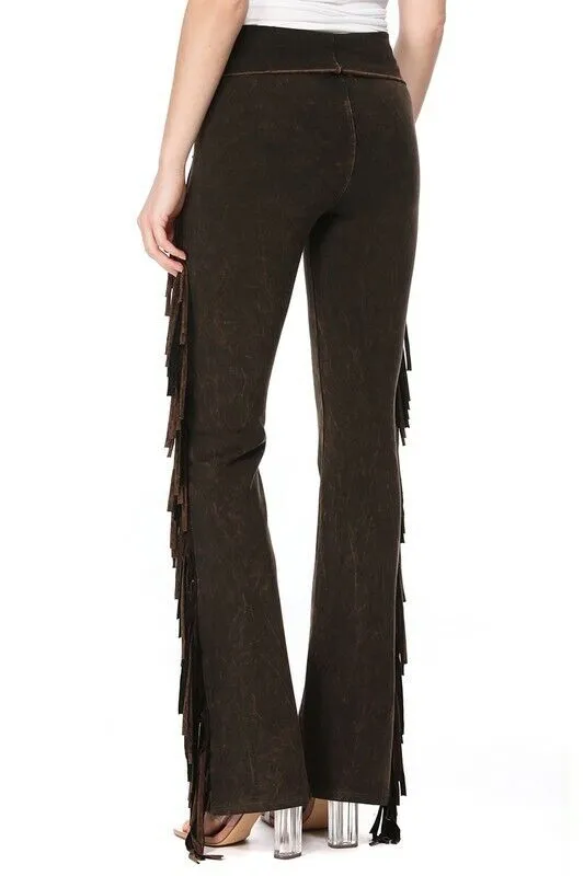 T-Party Mineral Wash Side Fringe Yoga Pants - Brown