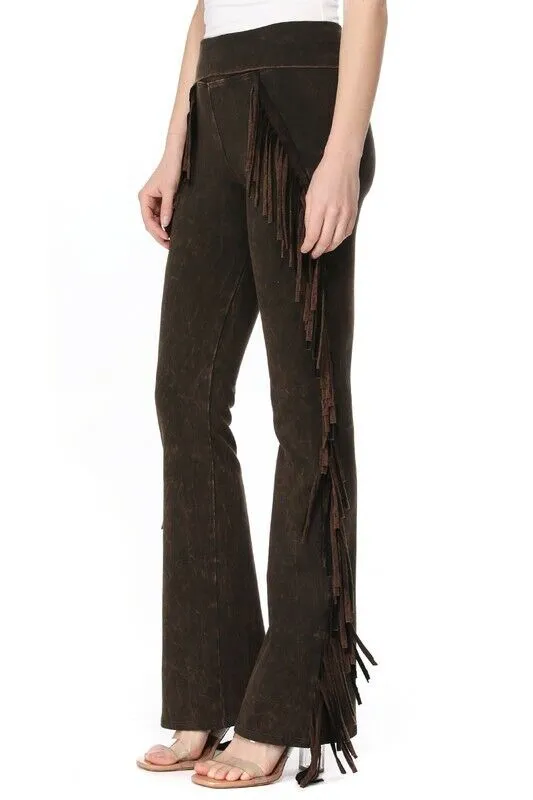T-Party Mineral Wash Side Fringe Yoga Pants - Brown
