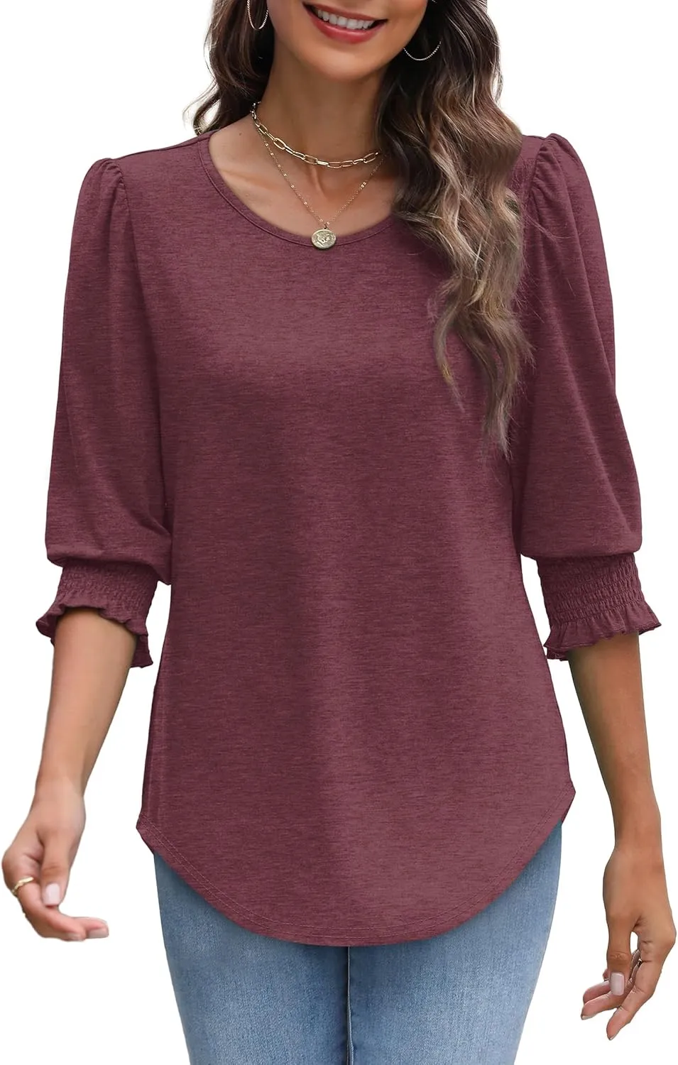 XIEERDUO Blouses for Women Dressy Casual 3/4 Length Sleeve Womens Tops with Smocked Cuffs