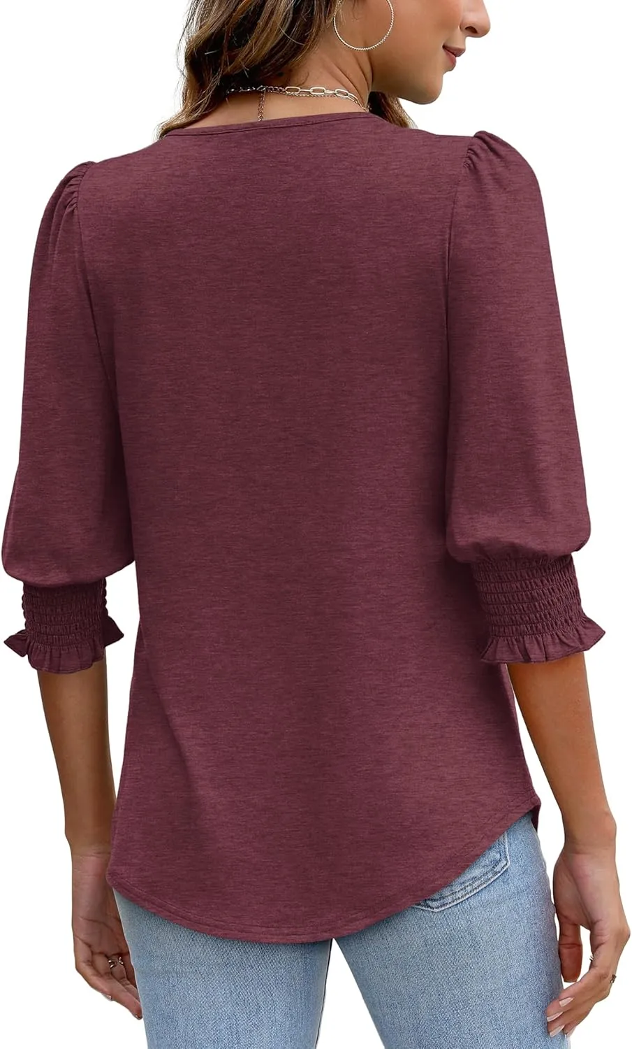 XIEERDUO Blouses for Women Dressy Casual 3/4 Length Sleeve Womens Tops with Smocked Cuffs