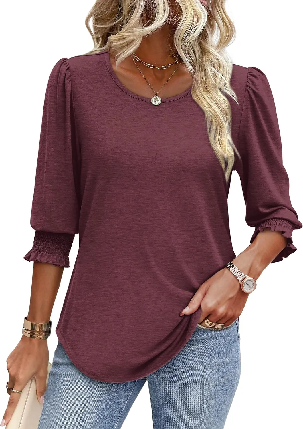 XIEERDUO Blouses for Women Dressy Casual 3/4 Length Sleeve Womens Tops with Smocked Cuffs